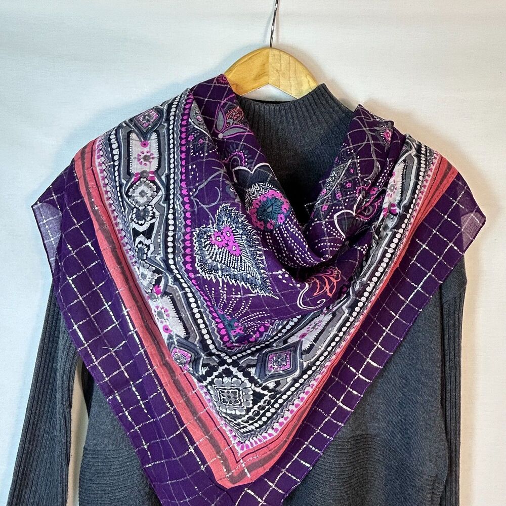 Chaudry Kc India NWT Purple Pink Silver Lurex Botanical Print Large Square Scarf